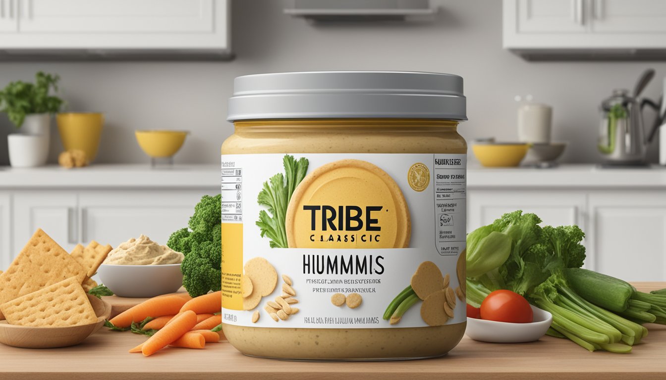 A jar of Tribe Classic Hummus sits on a kitchen counter, surrounded by fresh vegetables and crackers. The expiration date is clearly visible on the label