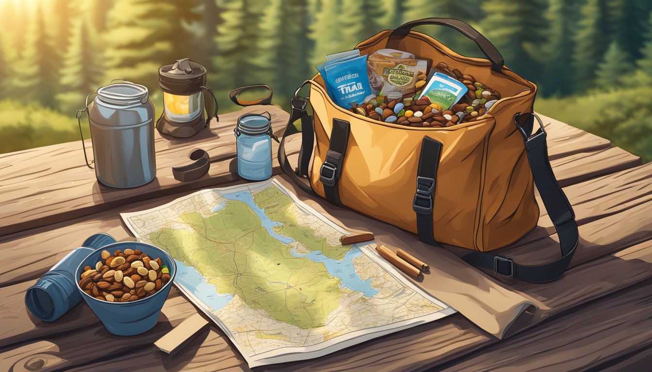 A bag of trail mix sits on a wooden picnic table, surrounded by hiking gear and a map. The sun shines down on the scene, casting a warm glow