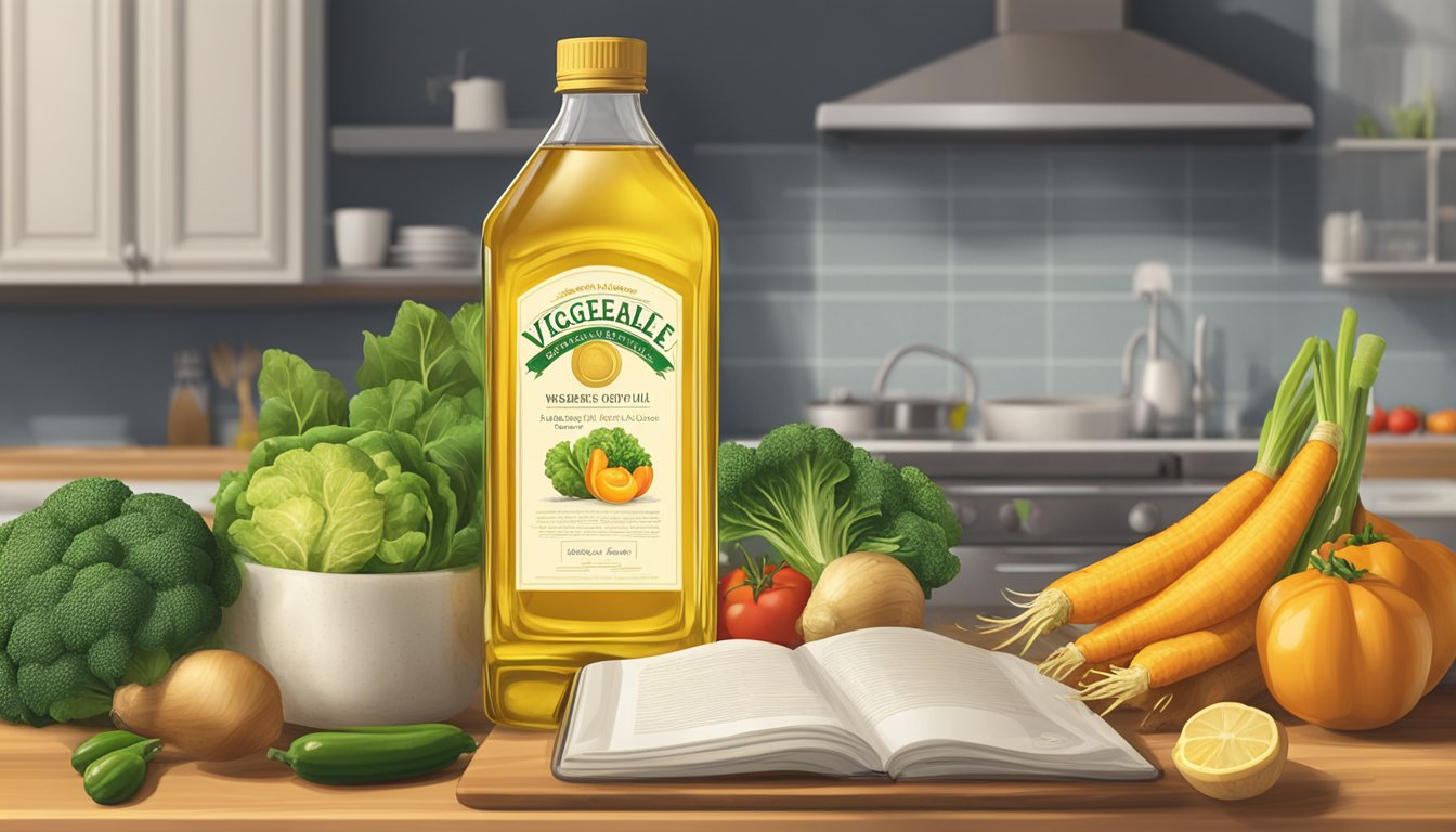 A bottle of vegetable oil sits on a kitchen counter, next to a variety of fresh vegetables and a cookbook. The oil is clear and golden in color, with a label indicating its expiration date