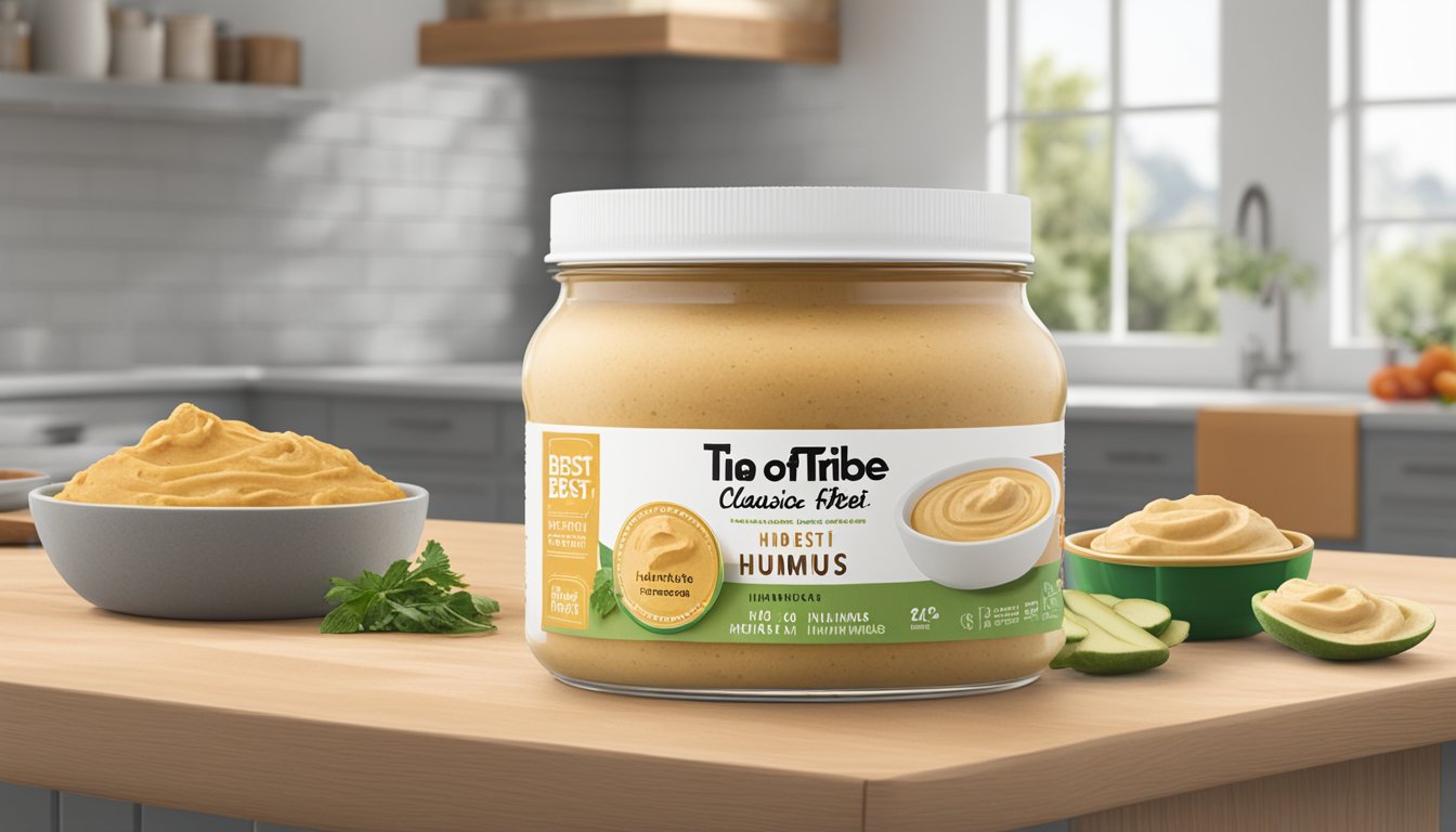 A jar of Tribe Classic Hummus sits on a kitchen counter, next to a bowl of homemade hummus. The jar's label indicates a "best by" date