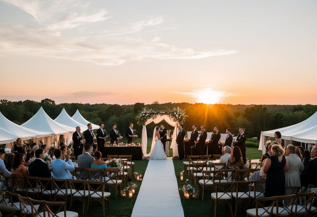 A bustling wedding venue with vendors setting up for a sunset ceremony