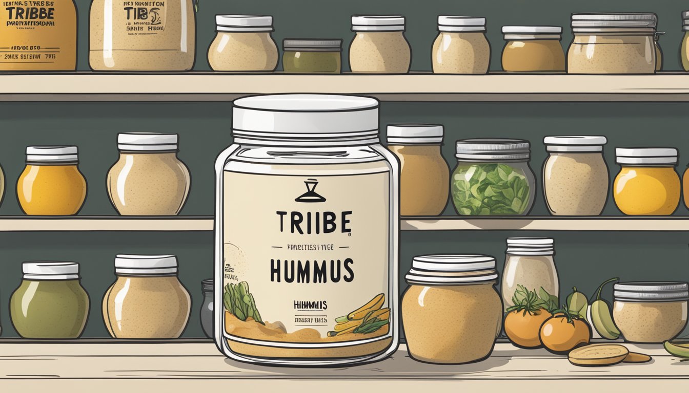 A jar of Tribe Classic Hummus sits on a kitchen shelf, surrounded by various containers and ingredients. The label on the jar indicates the expiration date