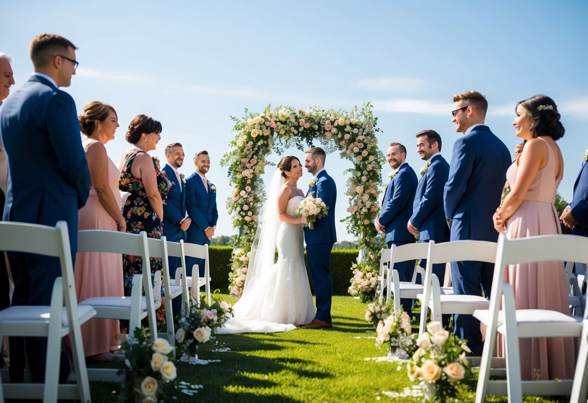 A sunny outdoor ceremony with blooming flowers and a clear blue sky, surrounded by happy guests and a romantic atmosphere