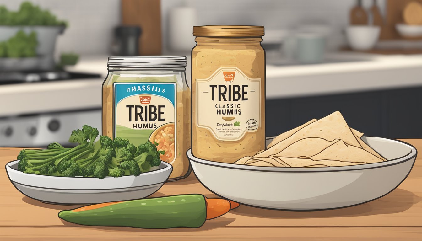 A jar of Tribe Classic Hummus sits on a kitchen counter, next to a stack of pita bread and a bowl of fresh vegetables