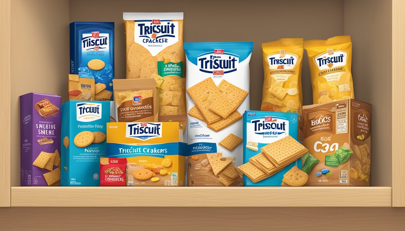 A box of Triscuit crackers sits on a clean, organized pantry shelf, surrounded by other snacks and packaged goods. The box is unopened, with no signs of damage or expiration