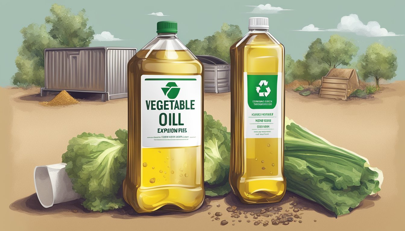 A bottle of vegetable oil with an expiration date label, surrounded by a recycling bin and compost bin