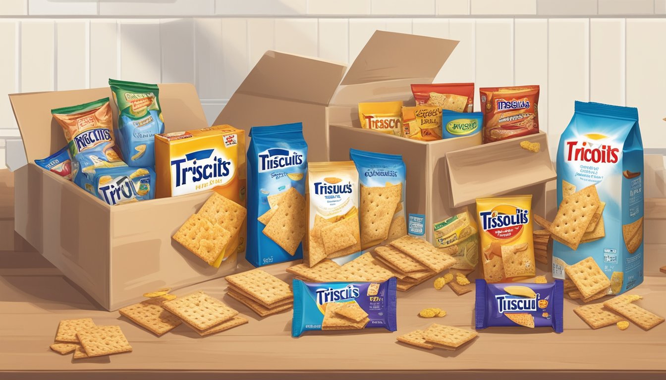 A box of Triscuits sits on a pantry shelf, surrounded by other snacks. A few crackers are scattered on the counter, some showing signs of mold