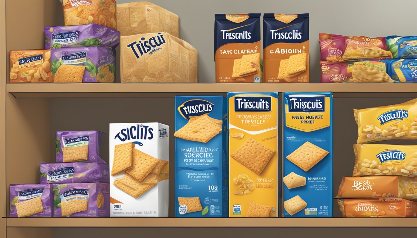 A box of Triscuits sits on a pantry shelf, surrounded by other snacks. The box is unopened, with a "best by" date visible on the packaging