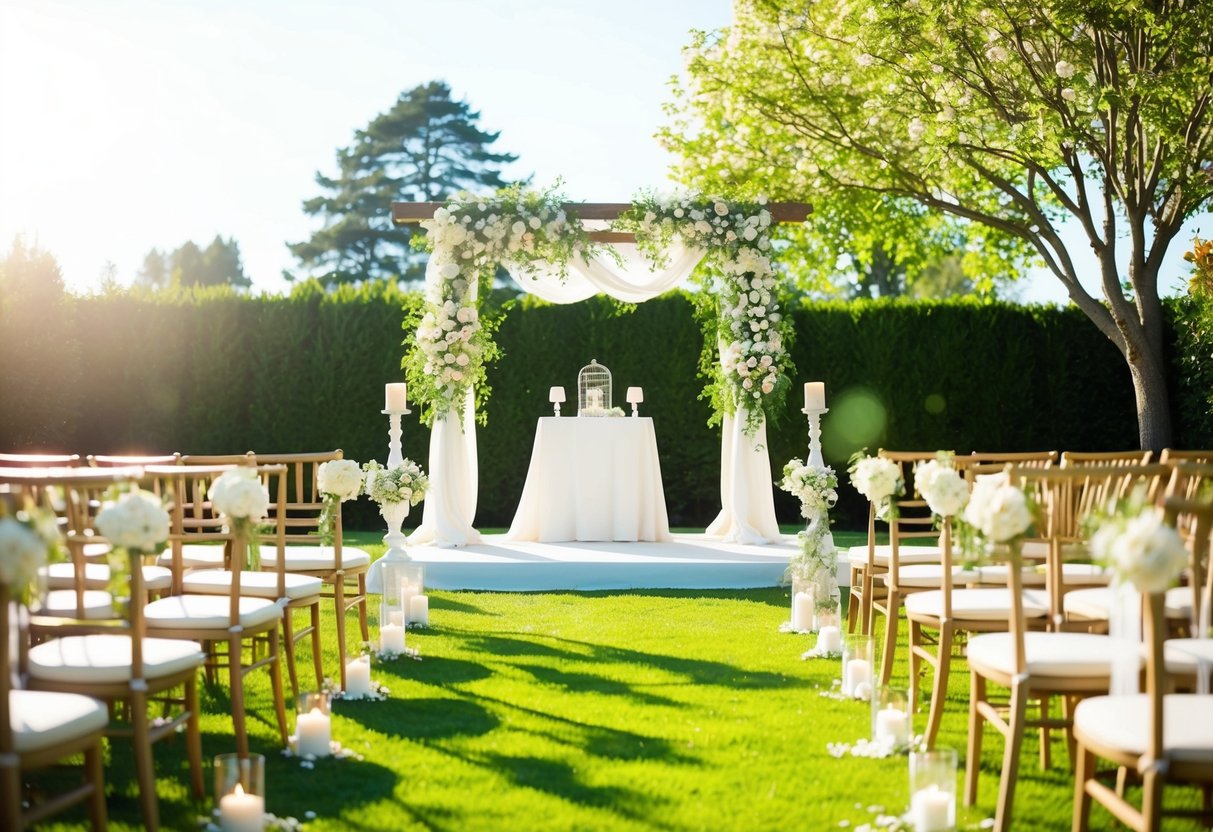 A bright, sunlit garden with blooming flowers and a decorated altar set for a wedding ceremony at 11am