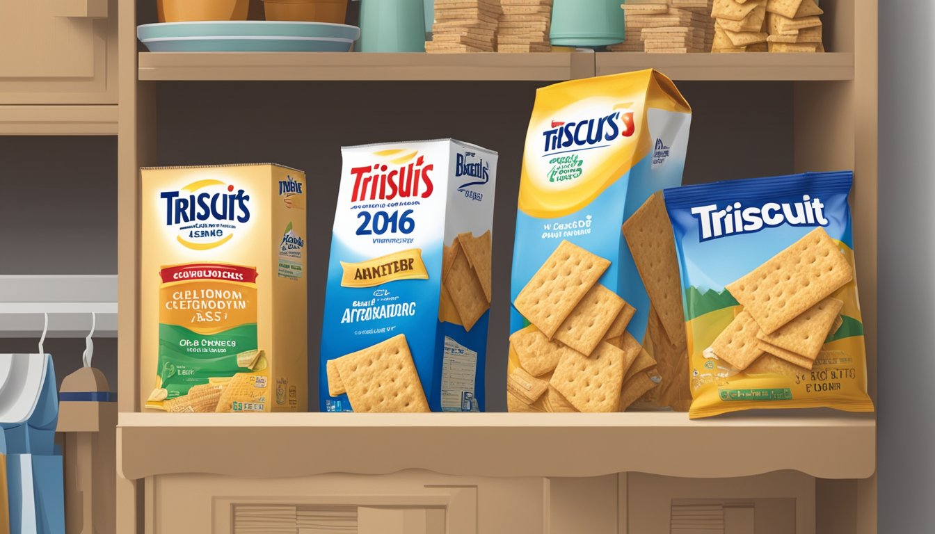 A box of Triscuits sits on a pantry shelf next to an open bag of crackers, with a calendar on the wall showing the current date