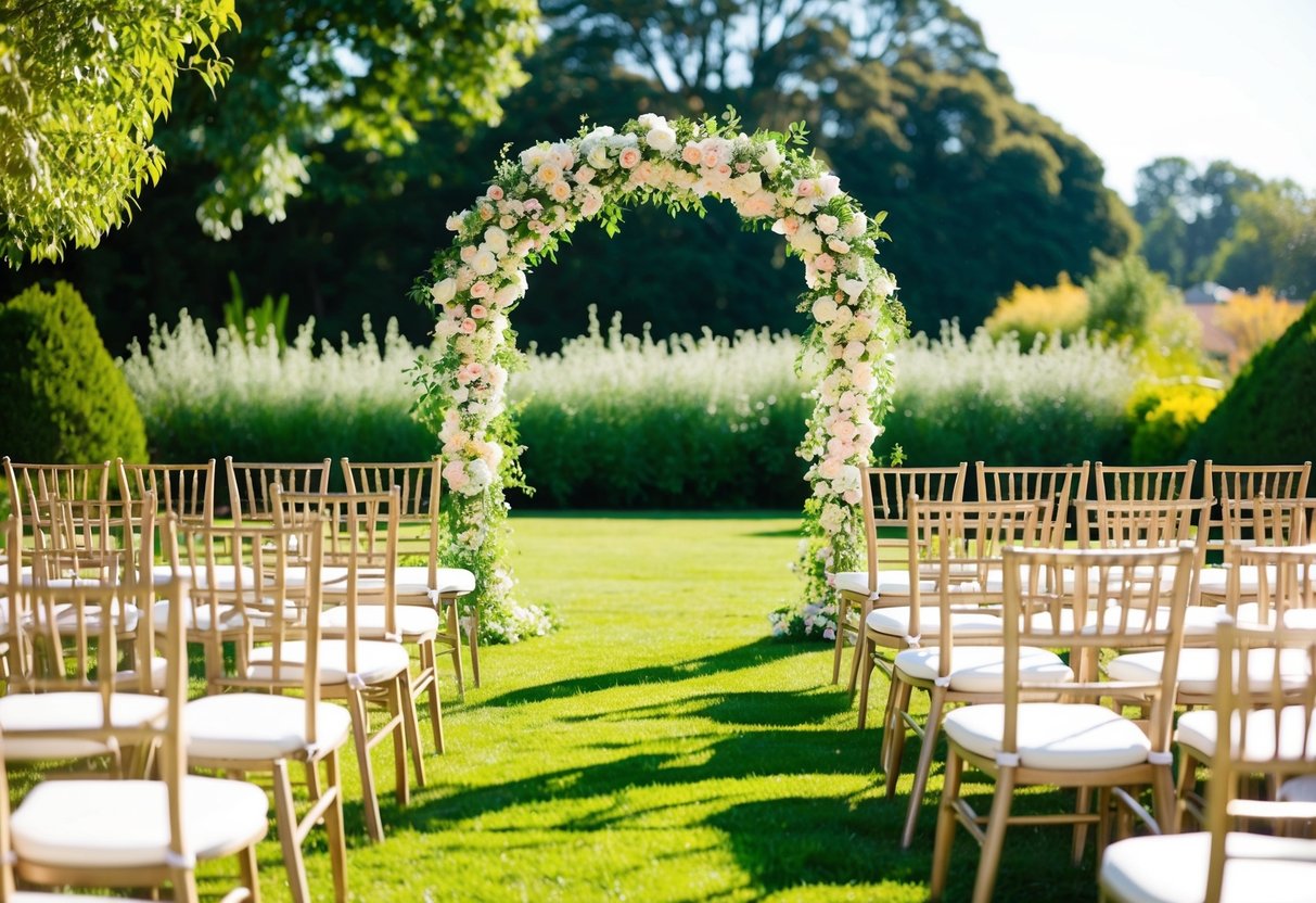 A bright, sunlit garden with a floral arch and rows of chairs set up for a wedding ceremony at 11am