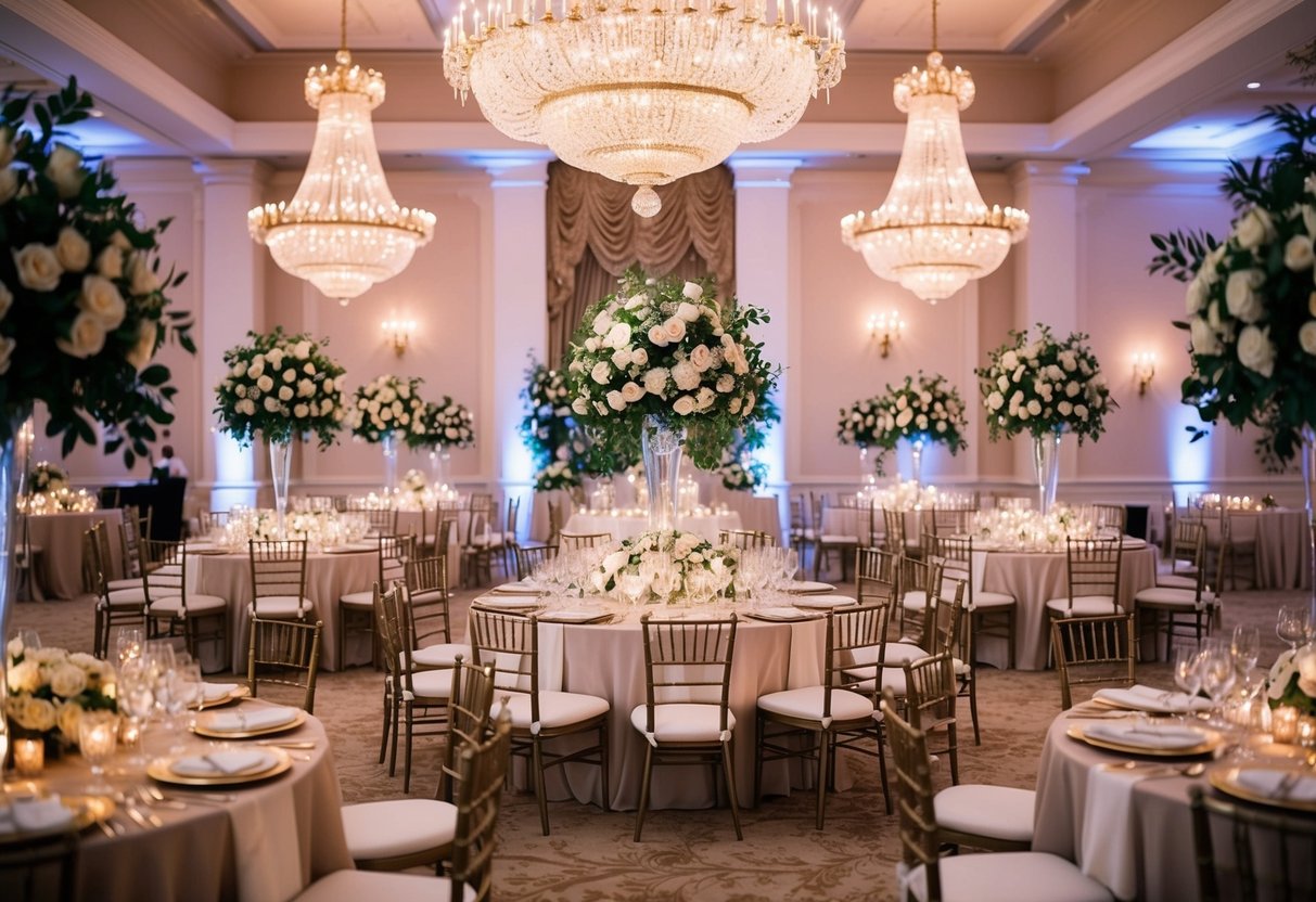 A lavish wedding reception in a grand ballroom, adorned with opulent floral arrangements, elegant table settings, and sparkling chandeliers