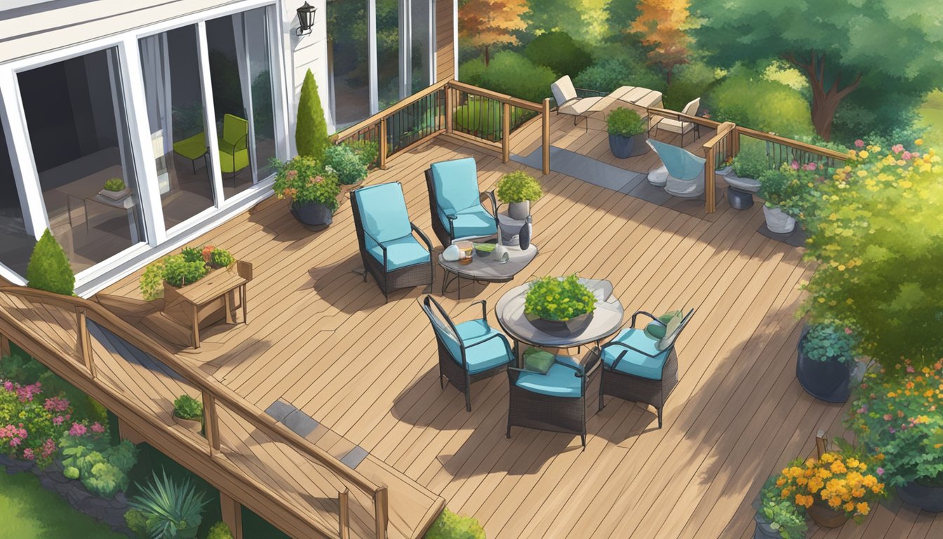 A sunny backyard with a newly installed Trix decking, surrounded by potted plants and outdoor furniture