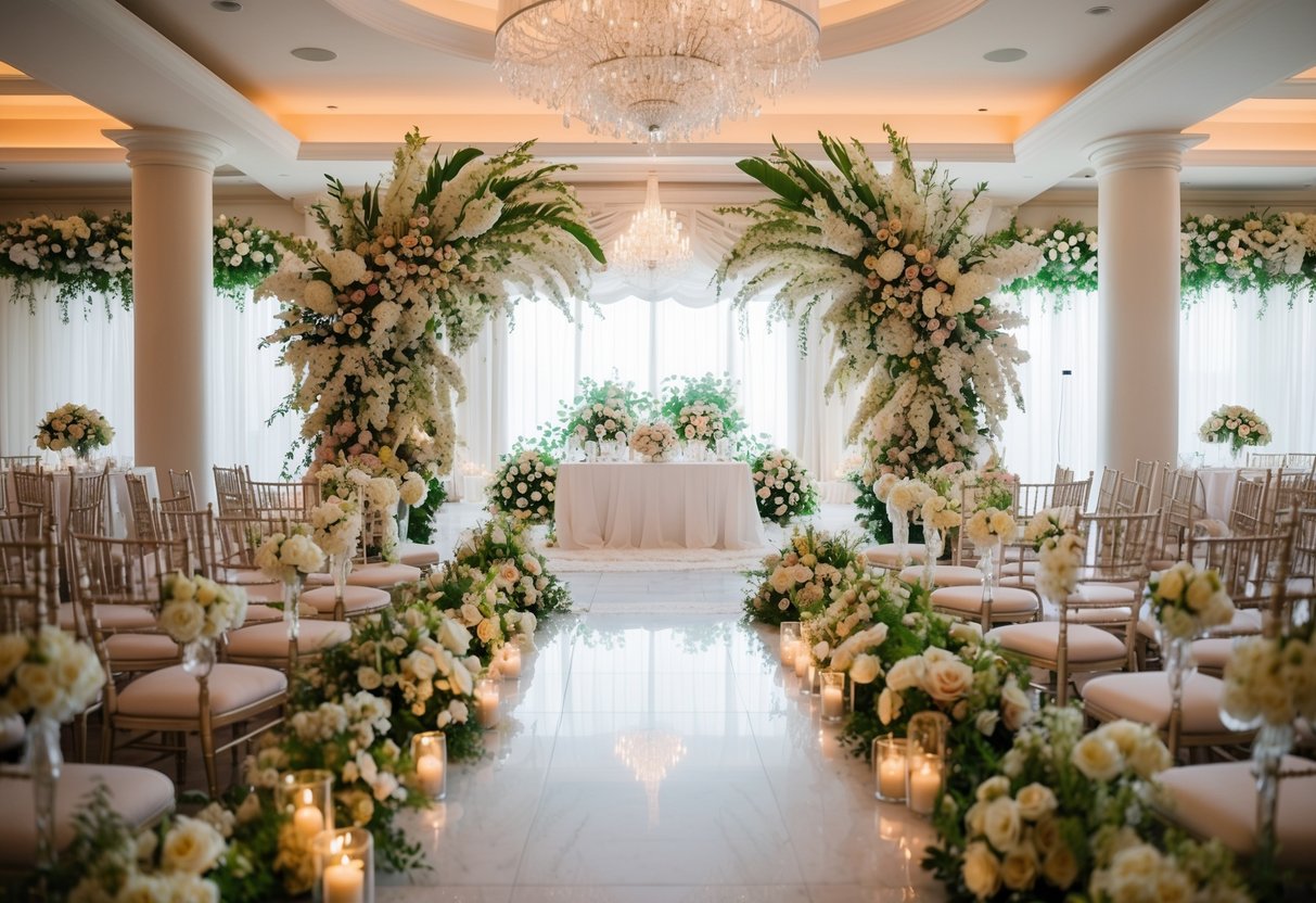 A lavish wedding set in a luxurious venue during the peak of summer, with opulent floral arrangements and extravagant décor