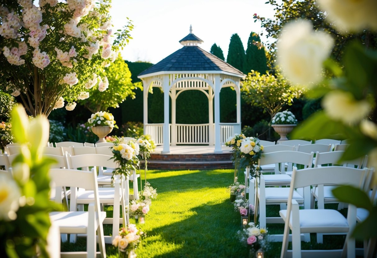 A sunlit garden with blooming flowers and a gazebo set for a wedding ceremony at 11am