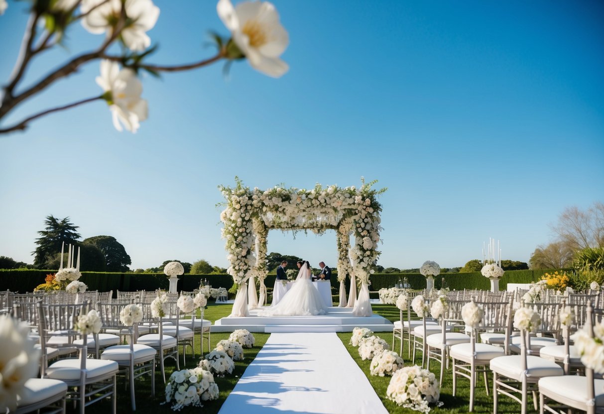 A lavish wedding set in a picturesque garden, with blooming flowers and a clear blue sky. The scene is adorned with elegant decorations and a grand ceremony setup