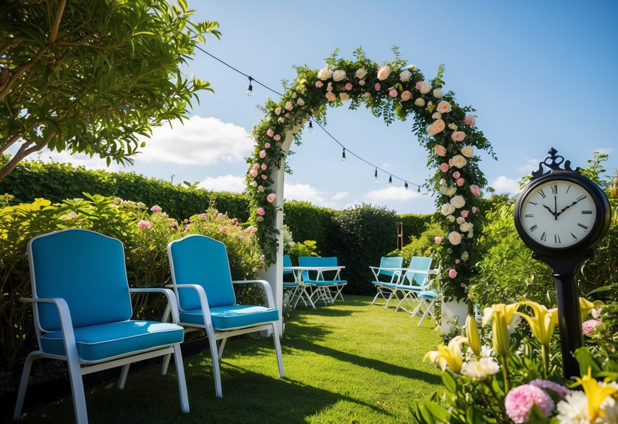 A sunny outdoor setting with chairs and a decorated archway, surrounded by lush greenery and flowers. The clock on a nearby table reads 11am