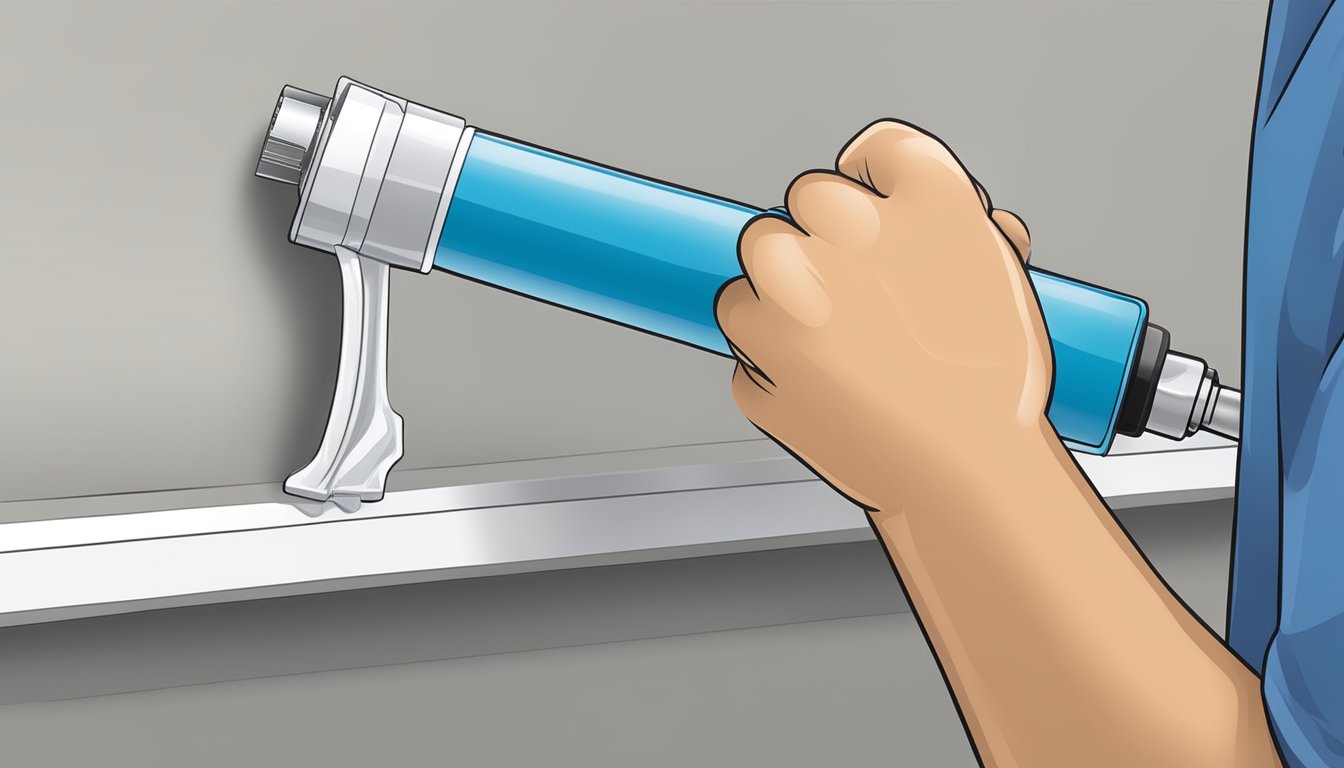 A hand holding a tube of Trix sealant, applying it to a surface with a caulking gun