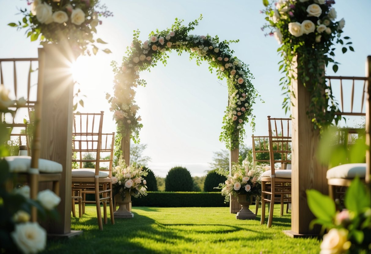 A sunlit garden with blooming flowers and a decorated archway, set for a morning wedding ceremony