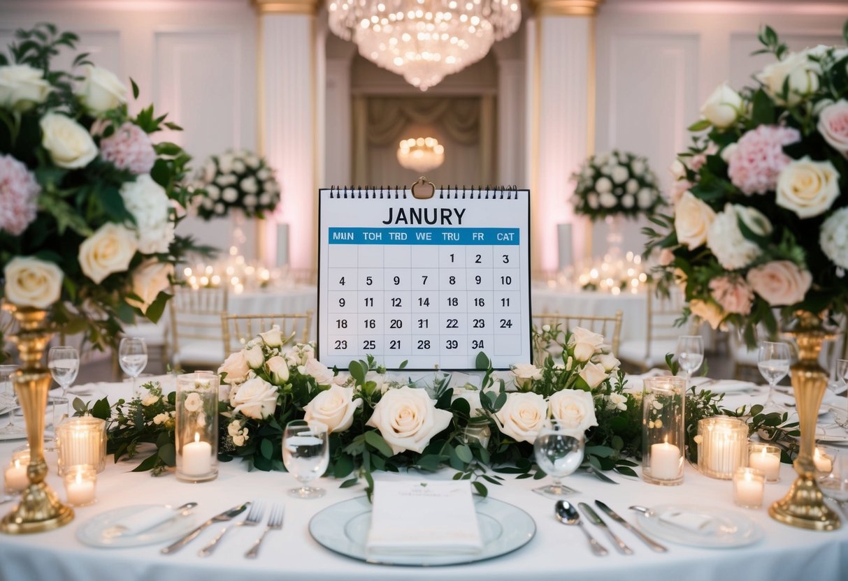 A lavish wedding reception with a calendar showing the most expensive month highlighted, surrounded by elegant floral arrangements and opulent decor