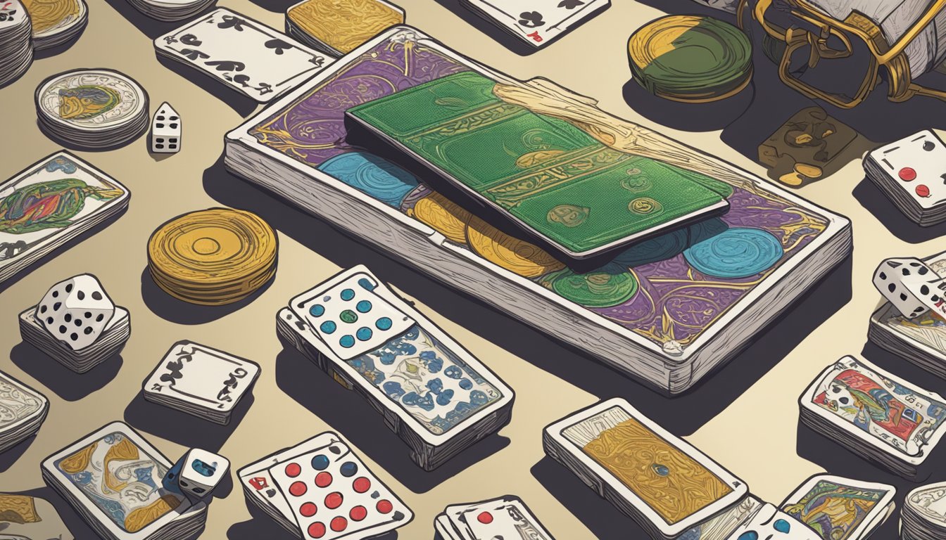 A well-worn Trix deck sits on a table, surrounded by scattered cards and a pair of dice. A hand reaches for the deck, ready to shuffle and extend its life