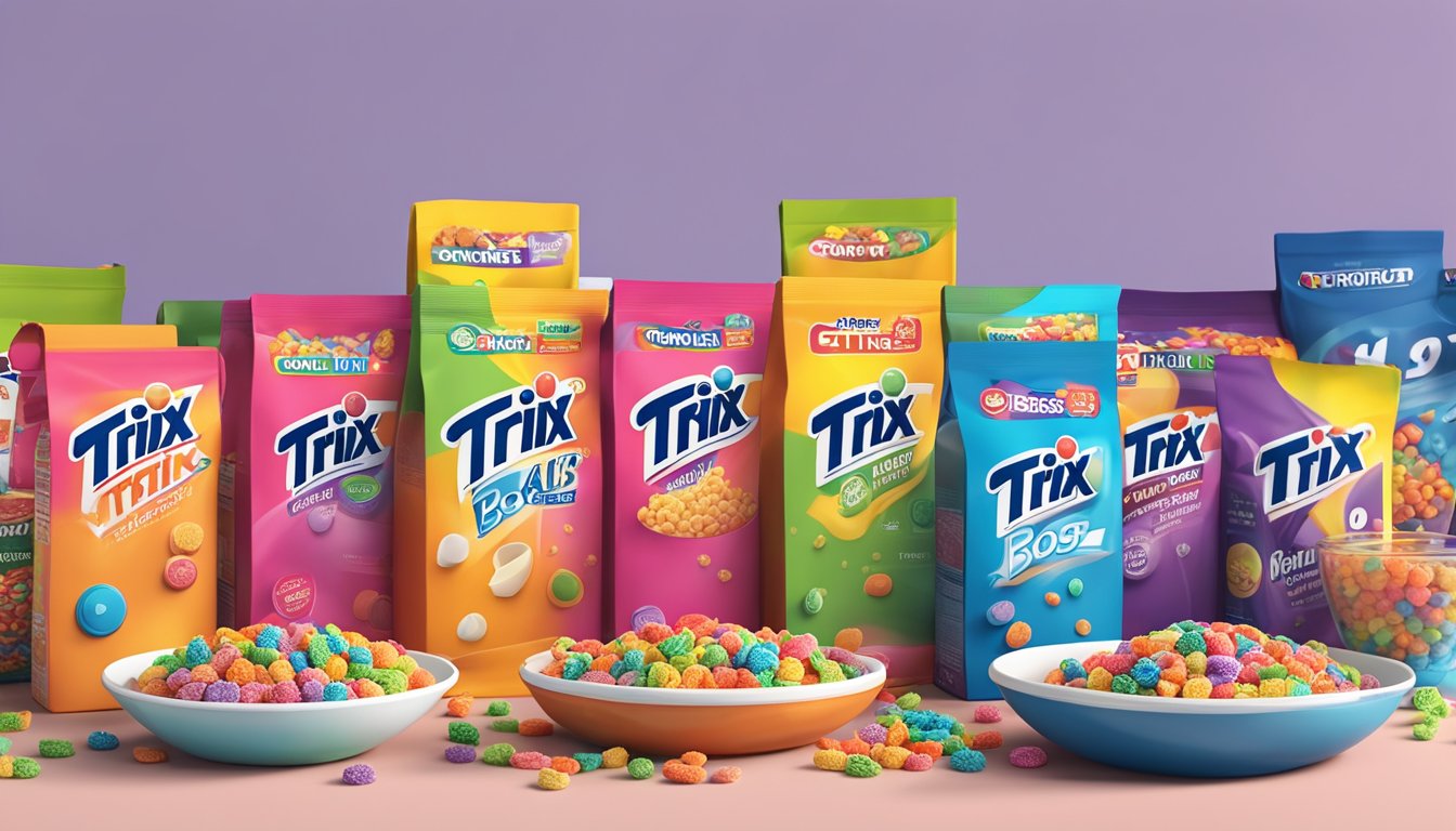 A bowl of Trix cereal sits next to bowls of other brands. Each bowl has a stopwatch next to it, with the Trix bowl showing the longest time