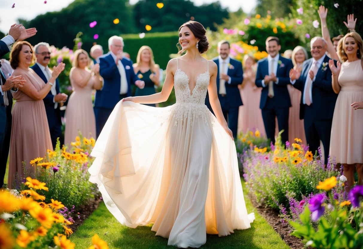 A woman in a flowing, elegant gown stands amidst a garden of vibrant flowers, surrounded by joyful celebration