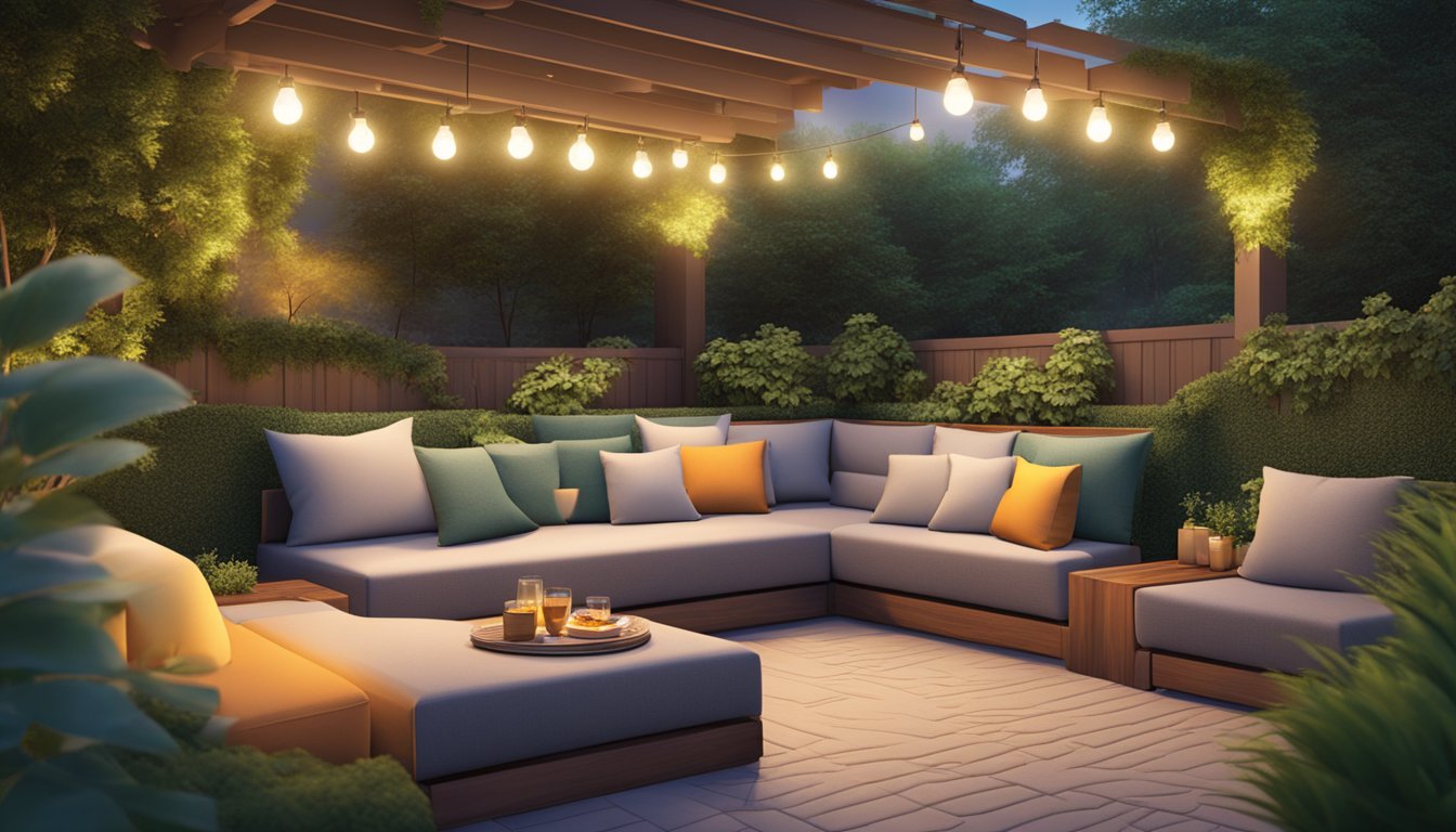 A cozy outdoor patio with a Trix-enhanced seating area, surrounded by lush greenery and warm lighting