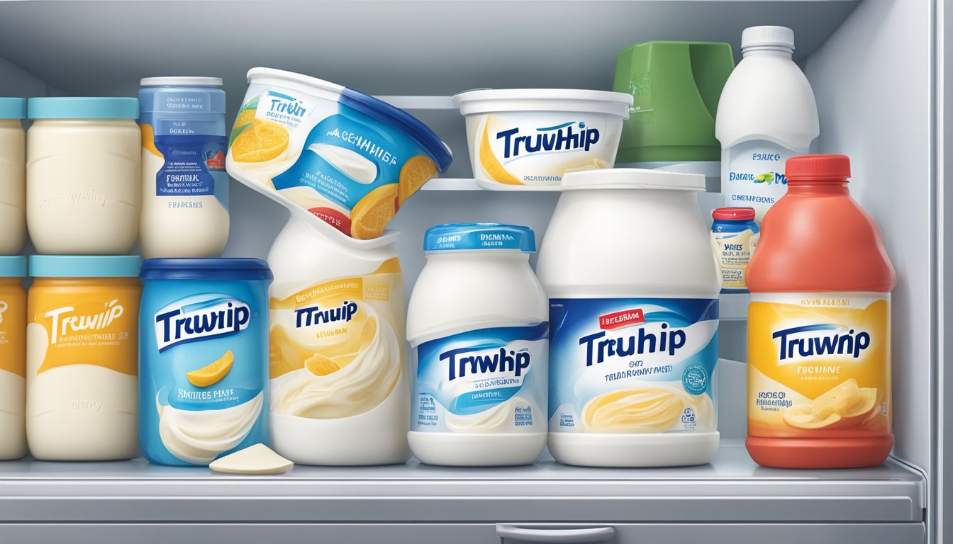 A jar of truwhip sits in a refrigerator next to other dairy products. The refrigerator is clean and organized, with proper labeling for each item