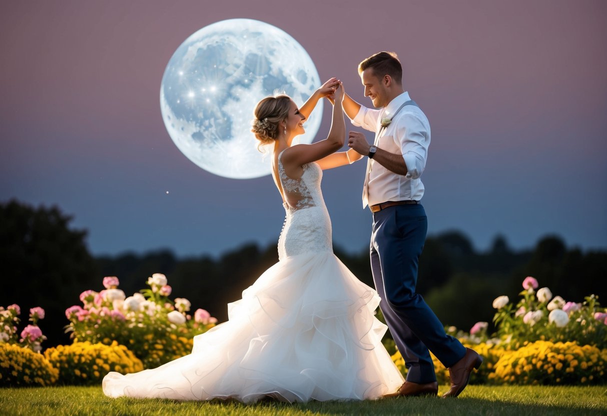 A bride and groom dancing under a full moon with flowers blooming all around them