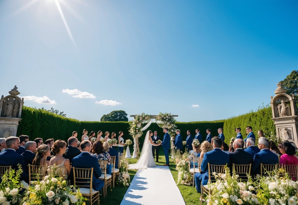 A sunny outdoor wedding ceremony in a lush garden with blooming flowers and a clear blue sky, surrounded by historical artifacts and symbols of love and marriage