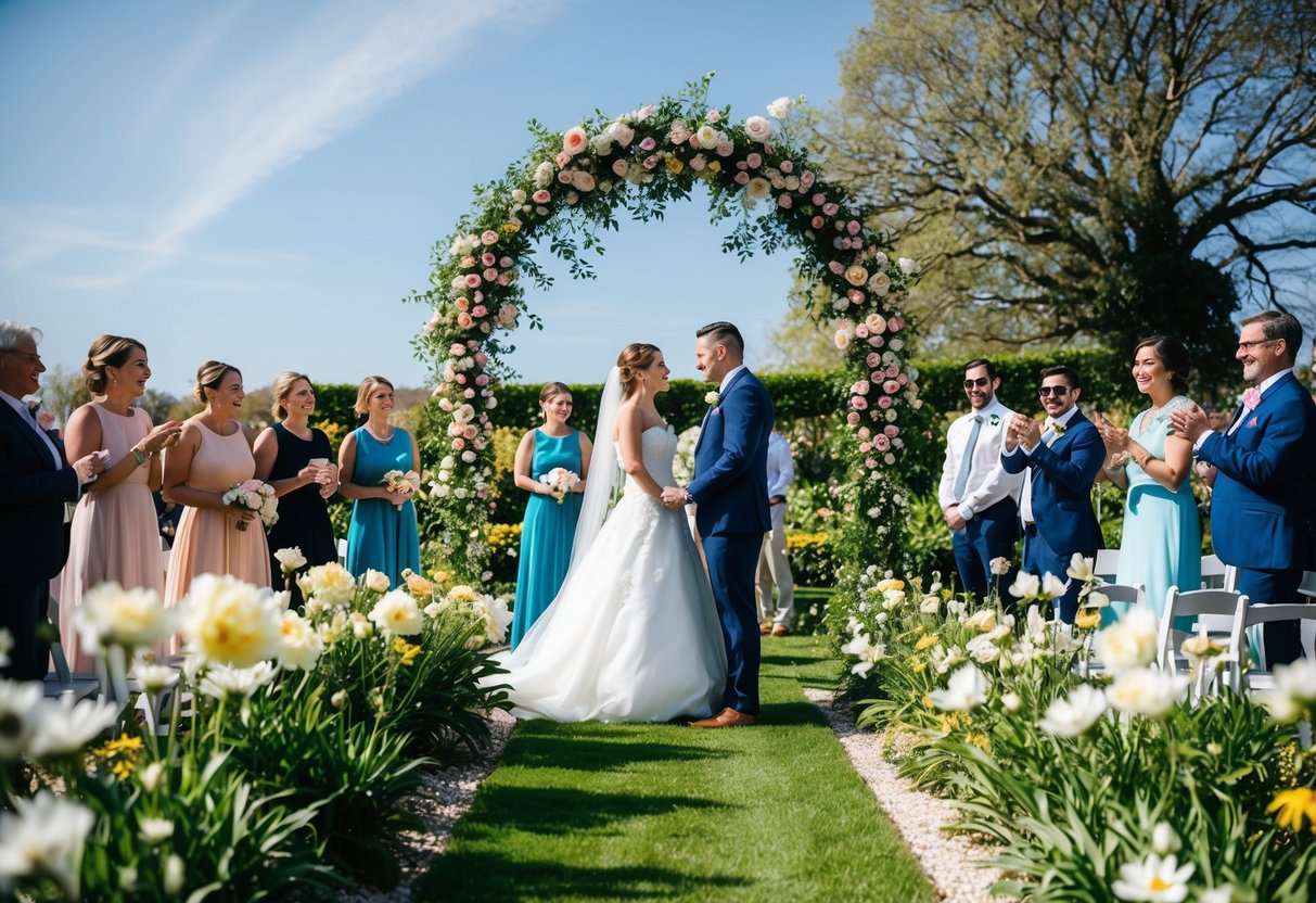 A sunny garden with blooming flowers and a clear blue sky, a bride and groom standing under a floral arch, surrounded by happy guests