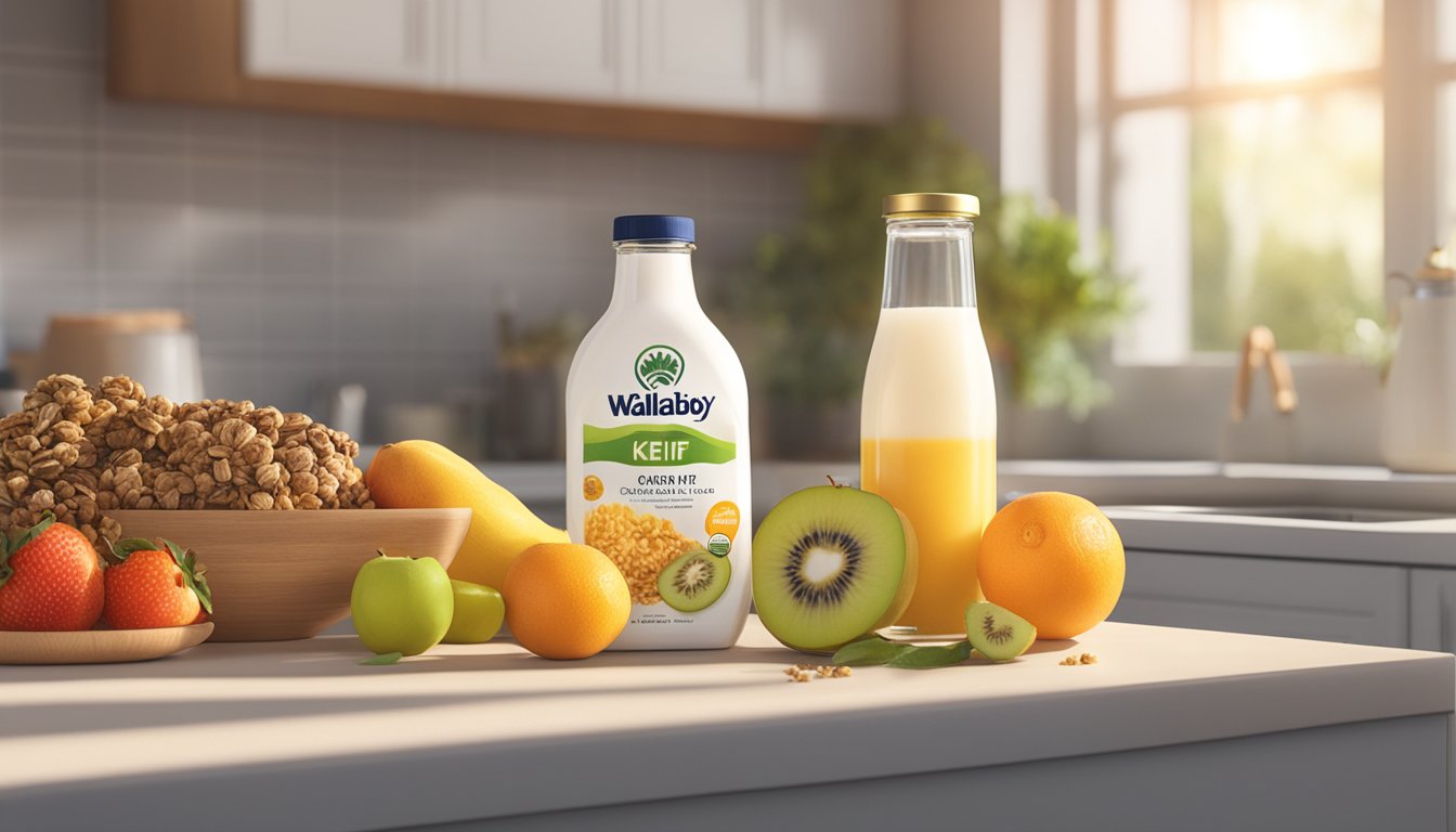 A bottle of Wallaby Organic Lowfat Kefir sits on a kitchen counter, surrounded by fresh fruits and a bowl of granola. The sunlight streams in through the window, casting a warm glow on the scene