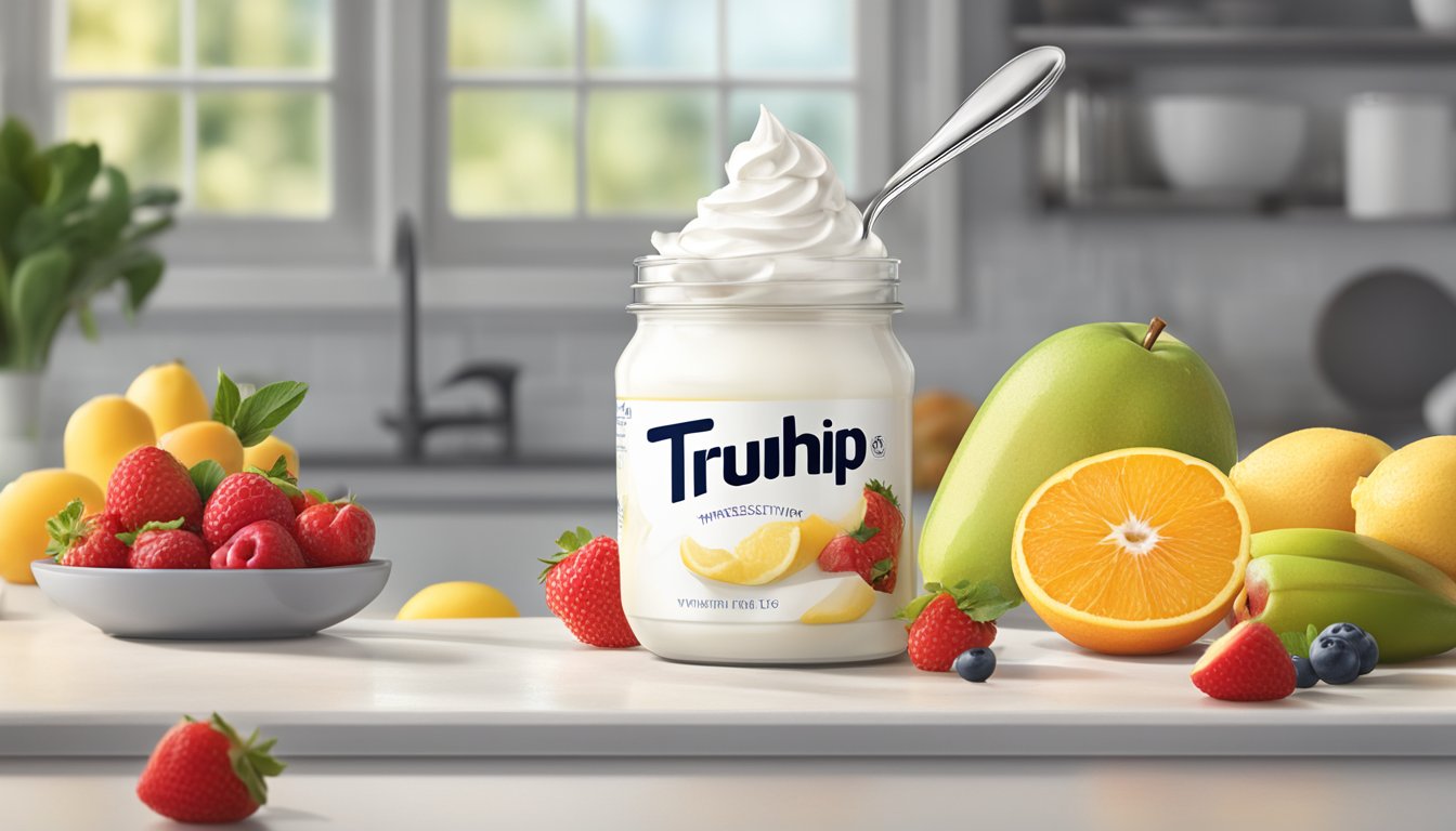 A jar of truwhip sits on a clean, modern kitchen counter, surrounded by fresh fruits and a measuring spoon. The jar is partially open, with a dollop of whipped topping on the spoon