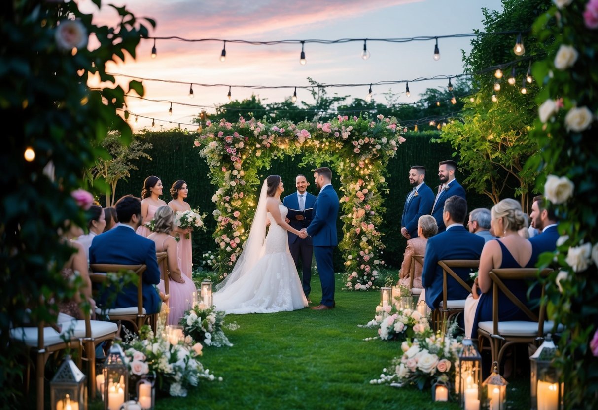 A lush garden adorned with blooming flowers and twinkling fairy lights, where a bride and groom exchange vows under a romantic sunset
