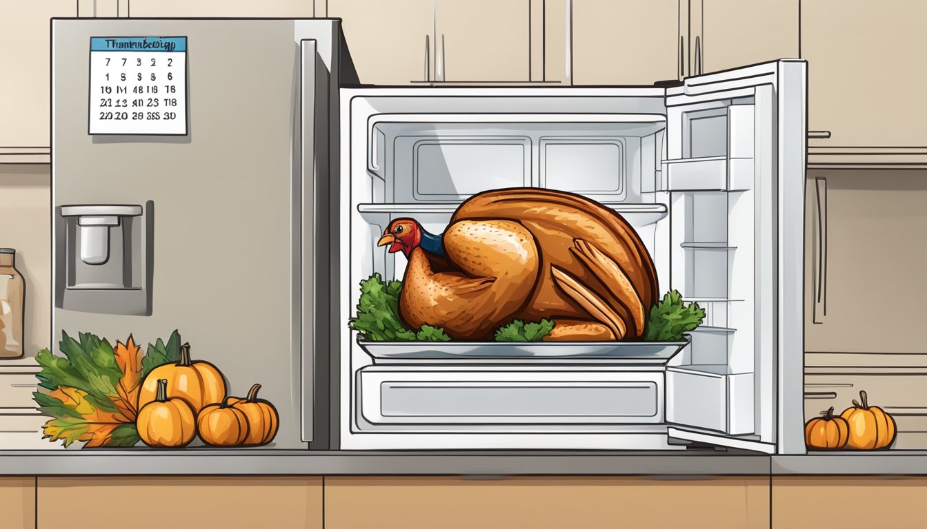 A whole turkey wrapped in plastic and placed in the refrigerator, with a calendar on the wall showing the current date and the date of Thanksgiving