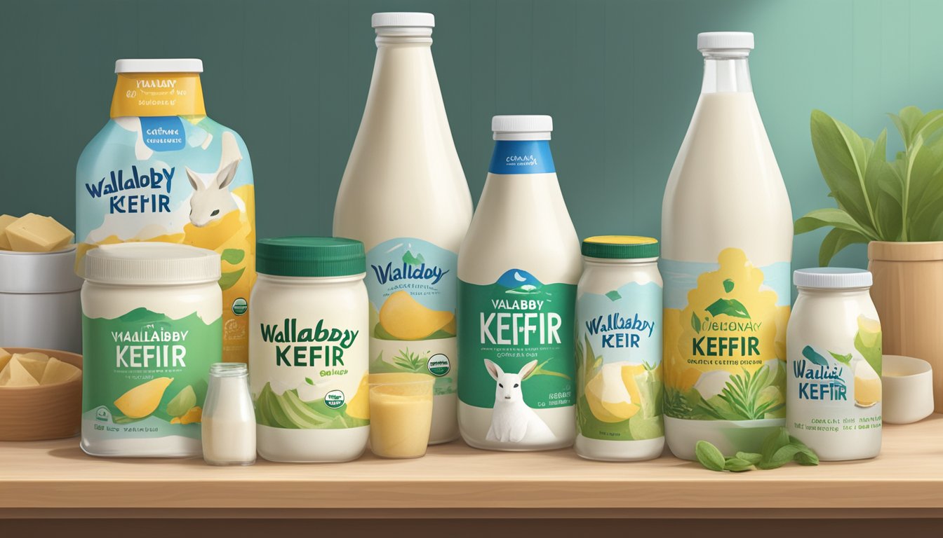 An open bottle of Wallaby Organic Lowfat Kefir sitting on a kitchen shelf, surrounded by various other dairy products and expiration dates