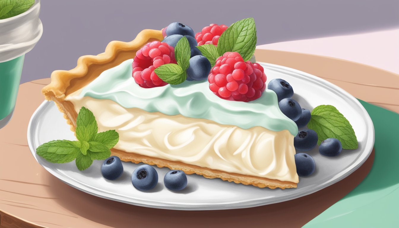 A dollop of truwhip sits atop a slice of pie, surrounded by fresh berries and a sprig of mint