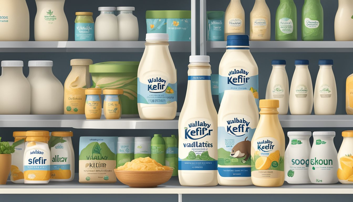 A bottle of Wallaby Organic Lowfat Kefir sits on a kitchen shelf, surrounded by other dairy products. The expiration date is clearly visible on the label