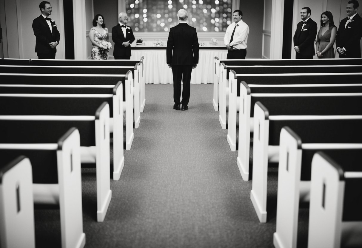 A lone figure stands at the end of an empty aisle, with no one to walk them down