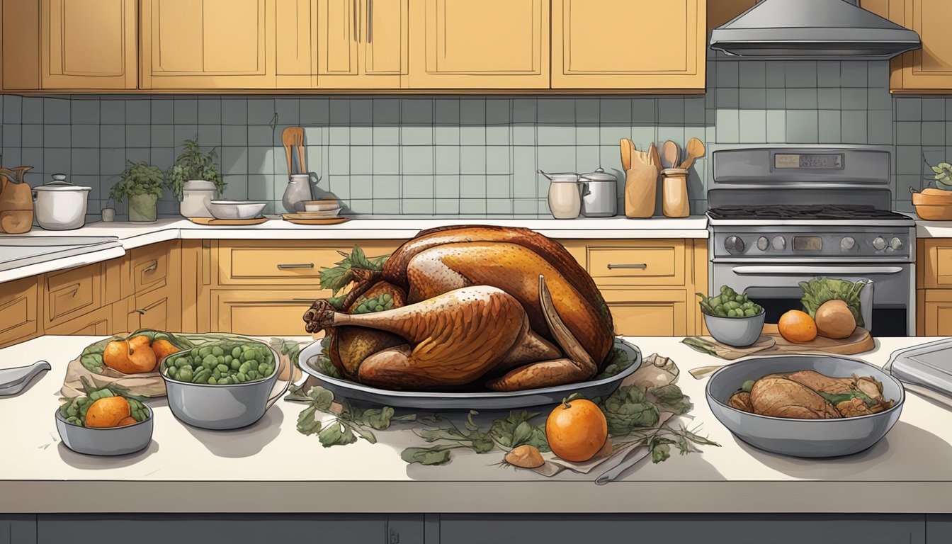 A whole turkey sits on a kitchen counter, surrounded by various states of decay - fresh, slightly spoiled, and completely rotten