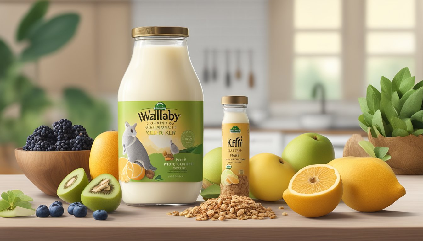 An open bottle of Wallaby Organic Lowfat Kefir sits on a kitchen counter, surrounded by fresh fruits and granola