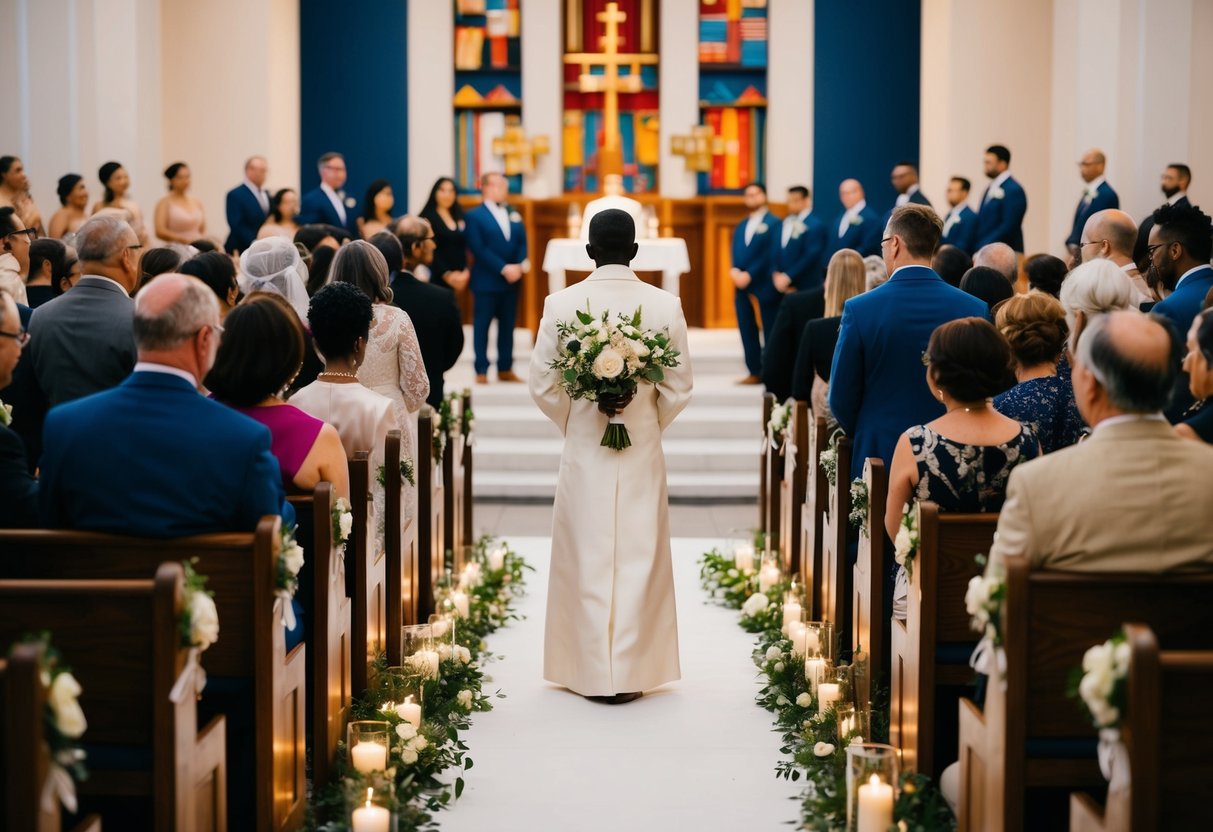 A figure stands at the end of an aisle, holding a bouquet and facing a distant altar. The space is filled with symbols of various cultural and religious traditions, representing the diverse influences on the wedding ceremony