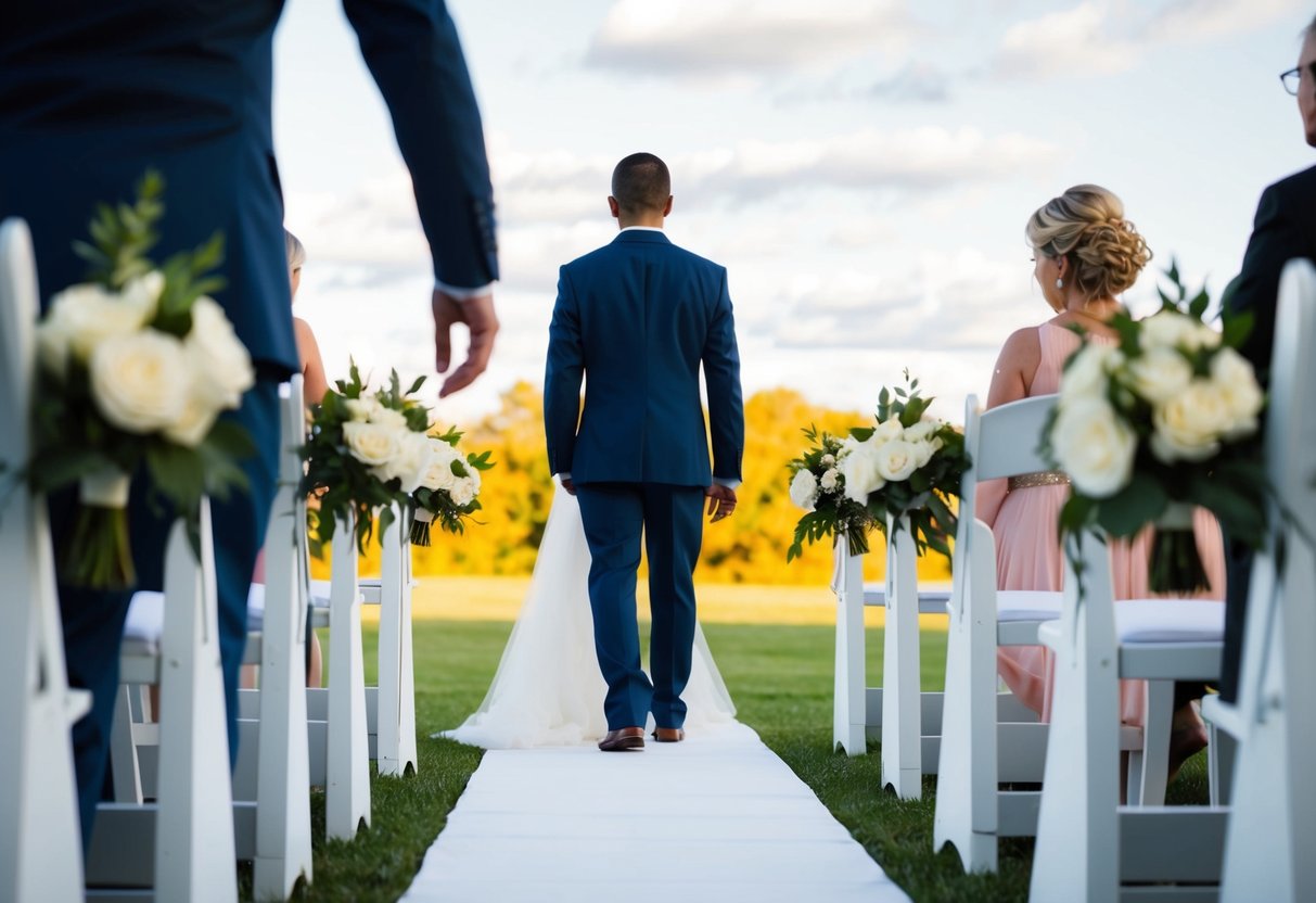 A figure stands alone at the start of the aisle, ready to guide the bride toward her future