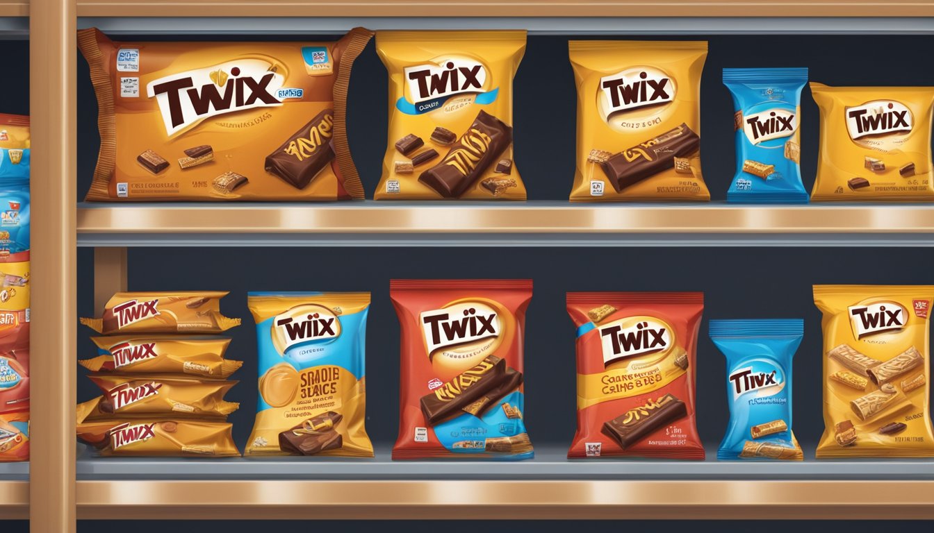 A package of Twix bars sits on a shelf in a pantry, surrounded by other snacks. The expiration date is visible on the packaging