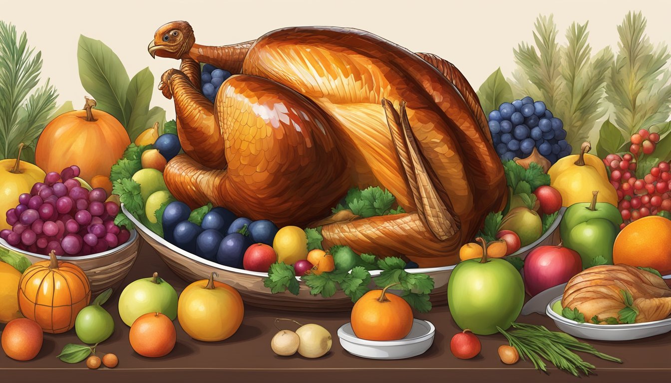 A whole turkey sitting on a festive table with holiday decorations, surrounded by seasonal fruits and vegetables