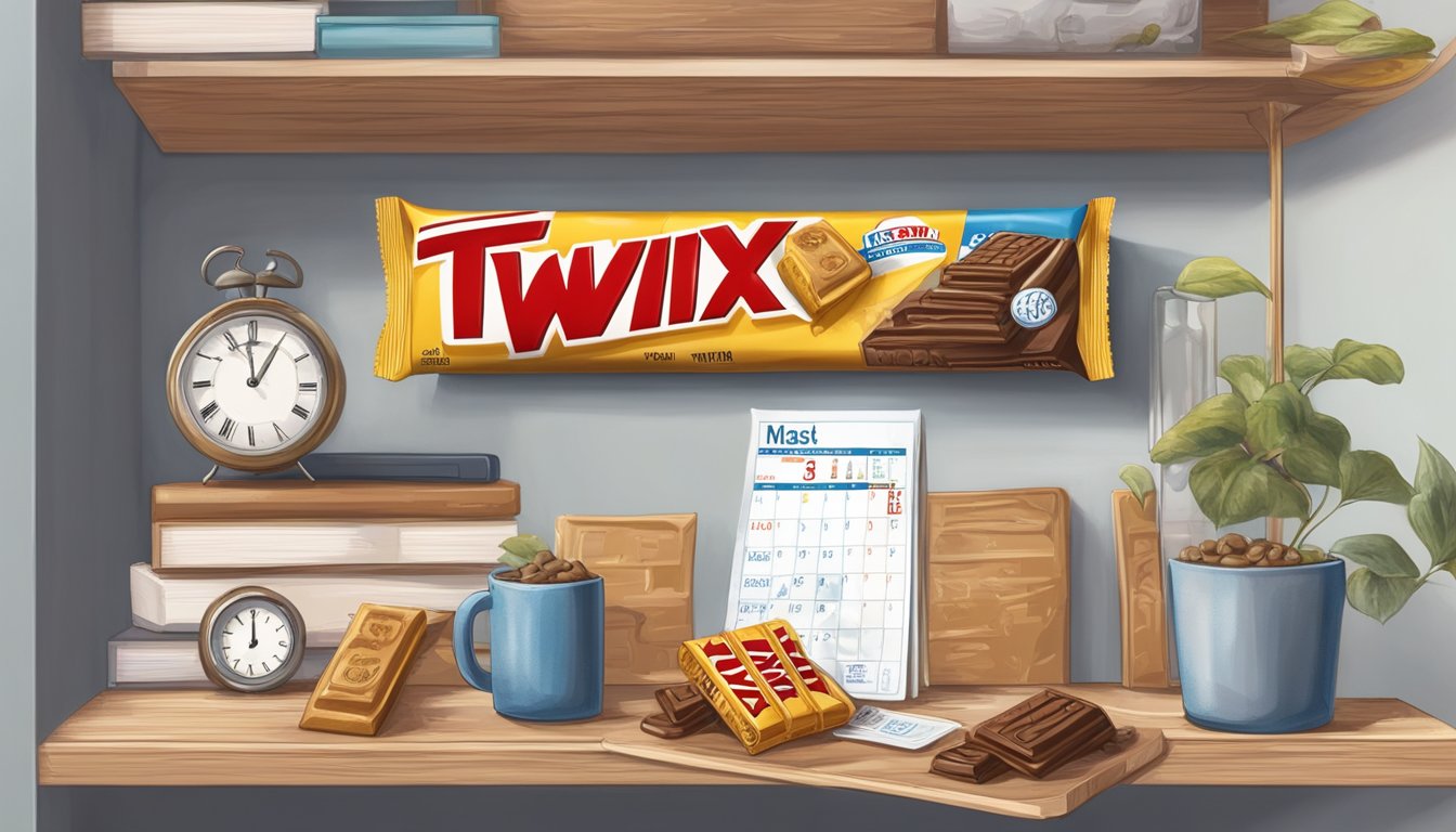 A Twix bar sits on a shelf, surrounded by a calendar, clock, and a moldy, expired Twix bar