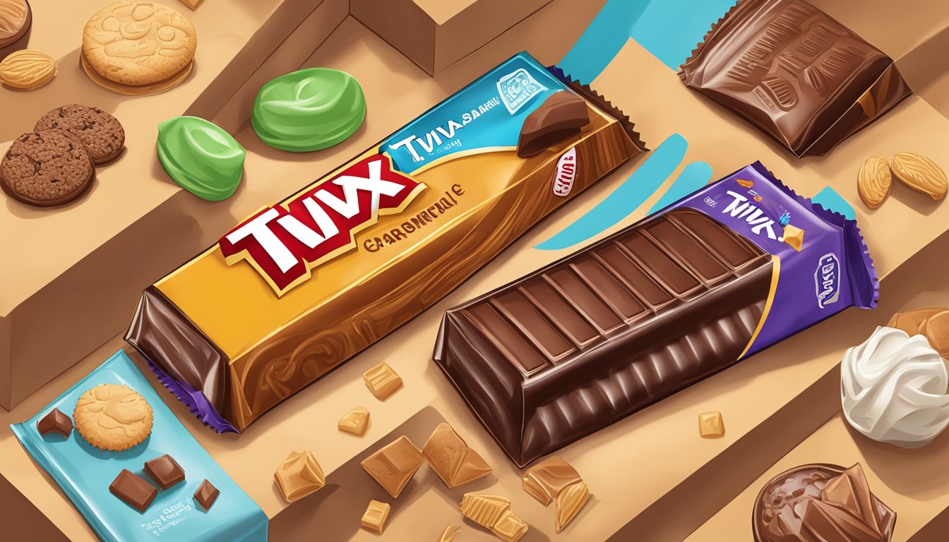 A Twix bar sits on a shelf, surrounded by its ingredients: caramel, cookie, and chocolate. The packaging is intact, and the bar appears fresh