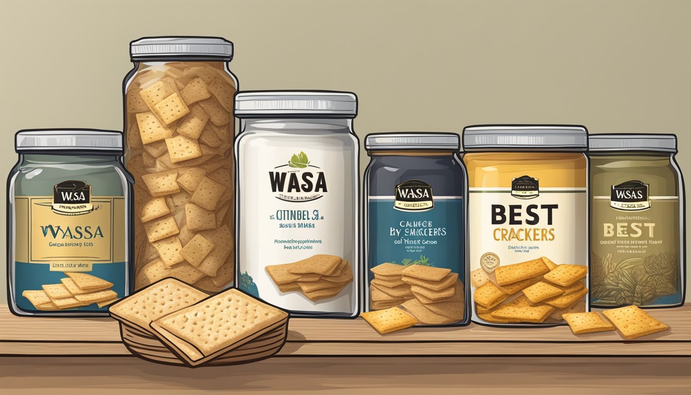 A pantry shelf with a tightly sealed container of Wasa crackers, surrounded by other dry goods and labeled with a "best by" date