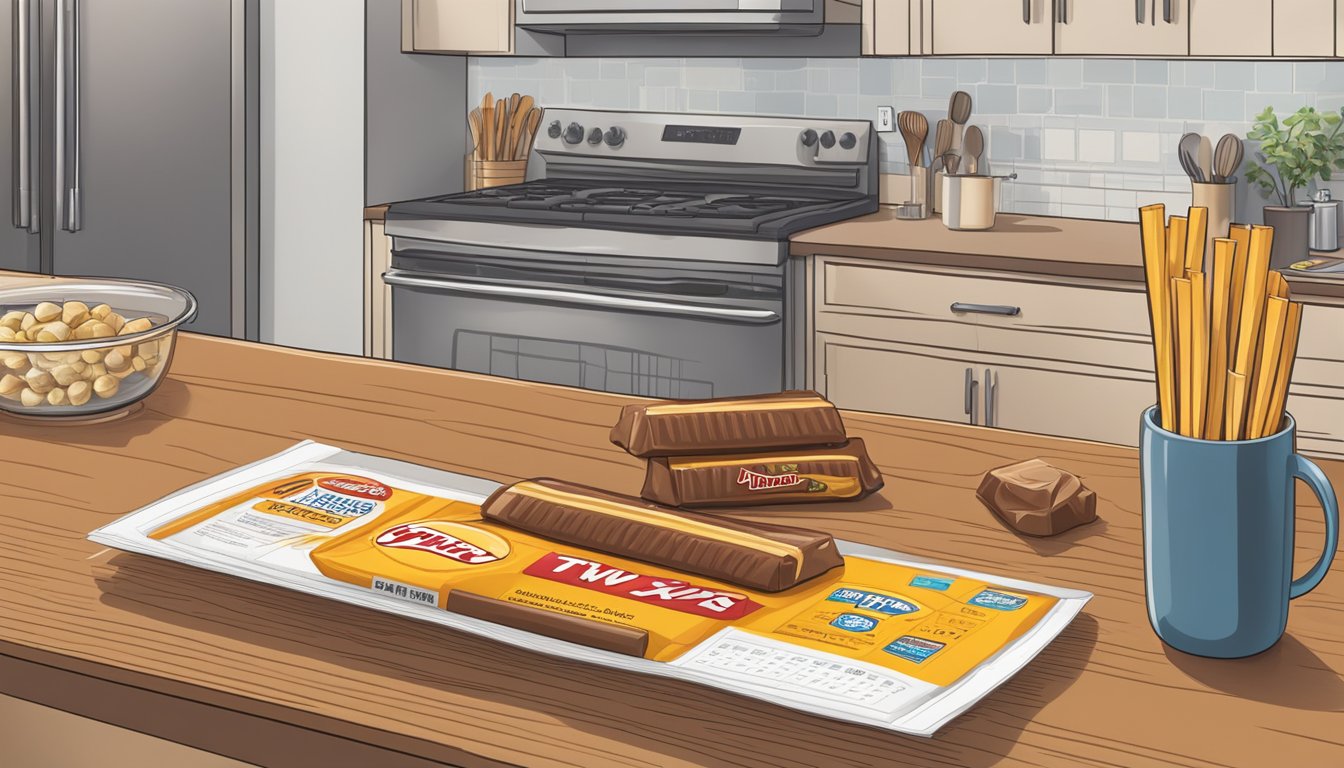 A Twix bar sits unopened on a clean, organized kitchen counter, surrounded by other snacks and a calendar showing the current date